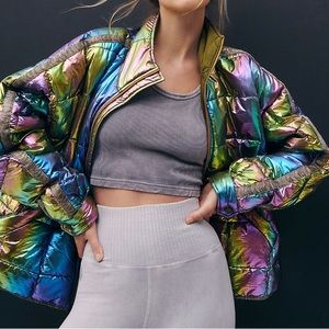 FreePeople TimeToShine Packable Puffer Jacket Iridescent w olive lining&trim Lrg